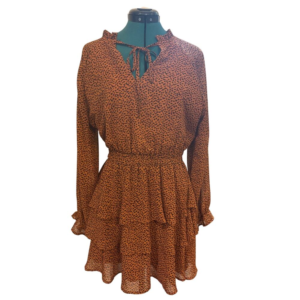 Glam Rust Leopard Print Ruffle Tiered Long Sleeve Mini Dress Smocked Waist L EUC